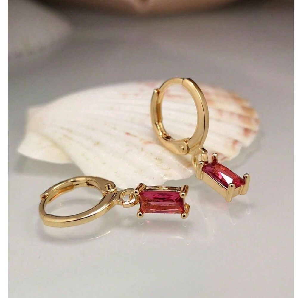 Emerald Cut Pink Zirconia Gold Hoop Earrings Dangle Pendant Drop Crystal Charm - Picture 3 of 4